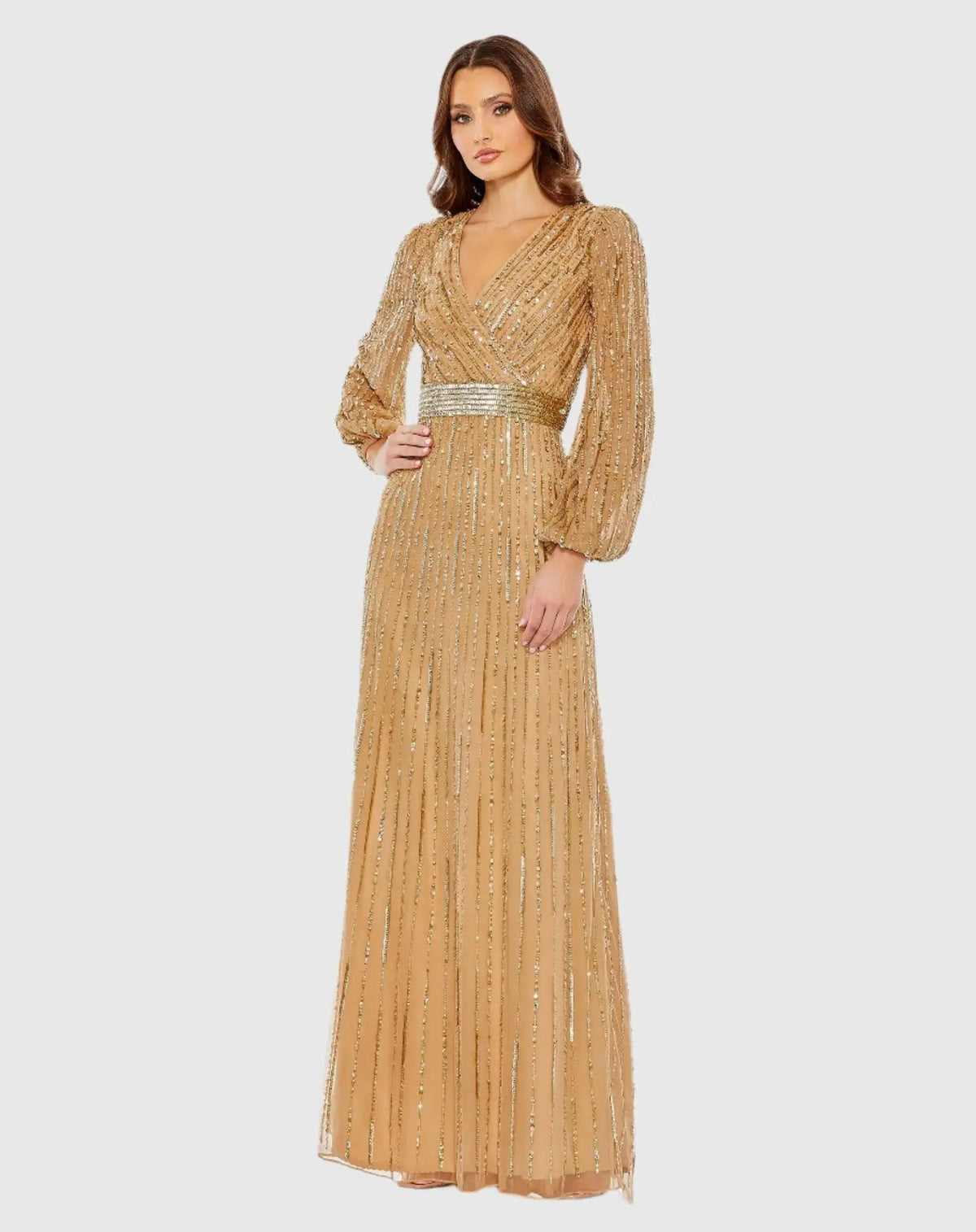Wrap Over Puff Sleeve Embellished Gown