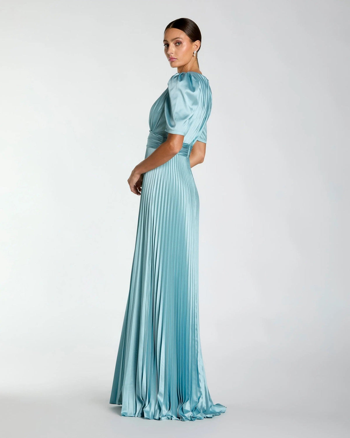 French Blue Pleated Charmeuse Puff Sleeve Gown With Slit