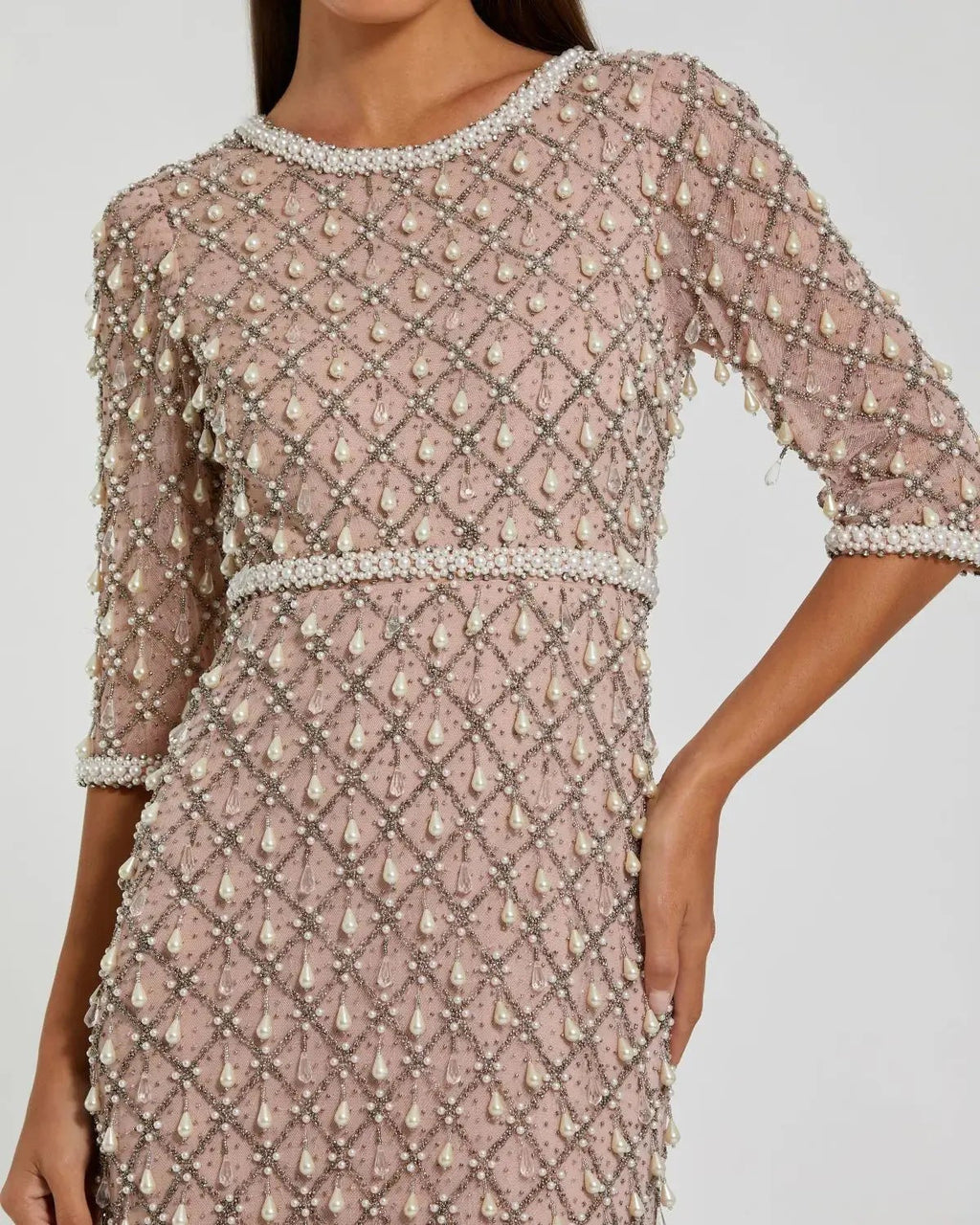 Light Rose Pearl Embellished 3/4 Sleeve Gown