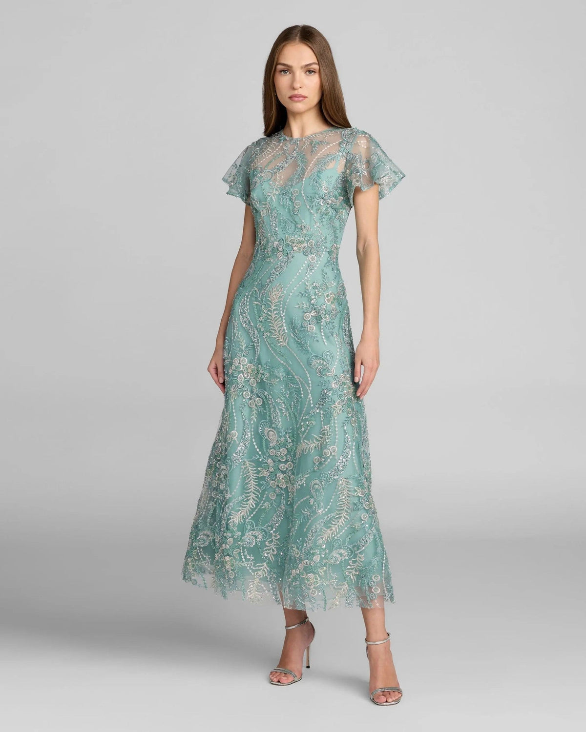 Embroidered Flutter Sleeve Midi Dress