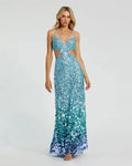 Blue Thin Strap Cut Out Evening Gown With Ombre Sequins