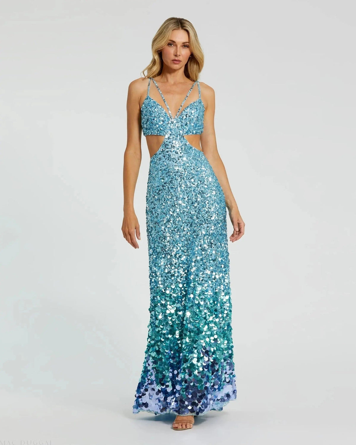 Blue Thin Strap Cut Out Evening Gown With Ombre Sequins