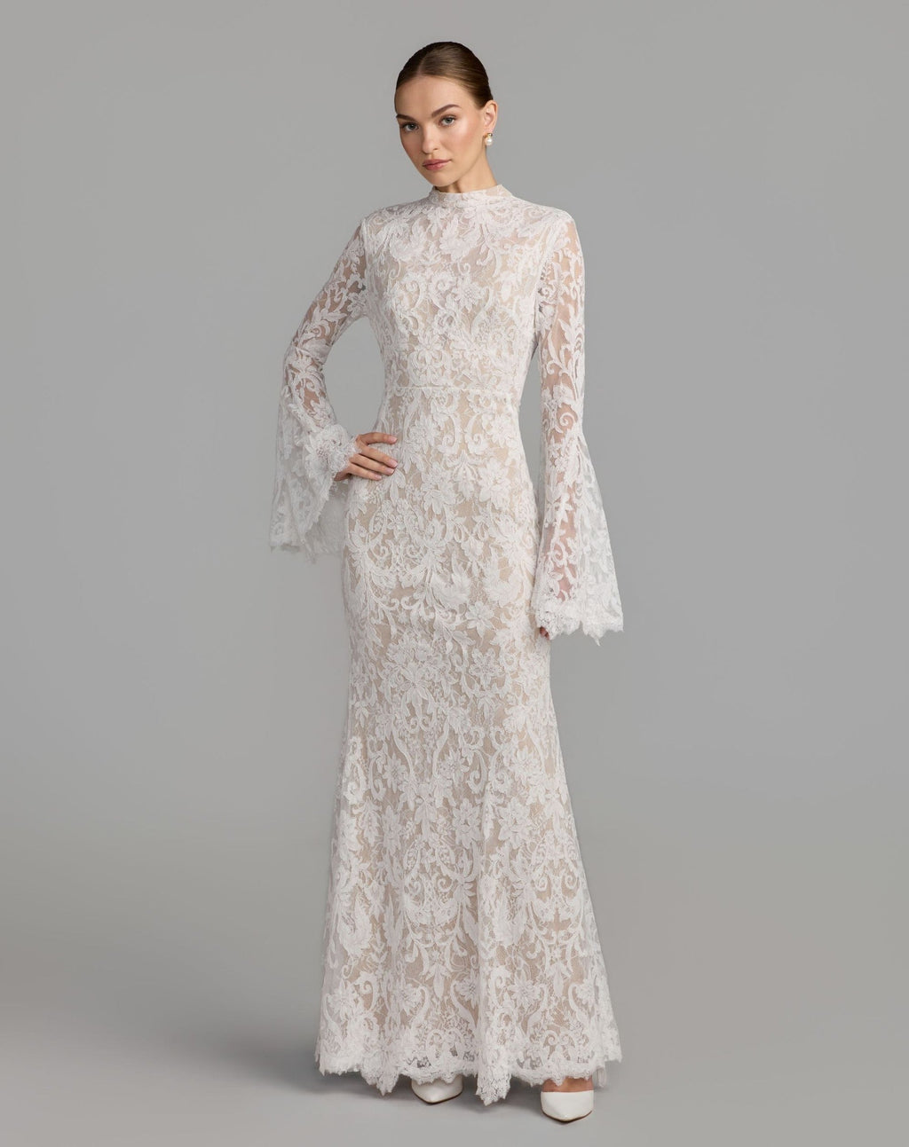 Petite Ivory Nude Mock Neck Long Sleeve Lace Gown