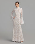 Petite Ivory Nude Mock Neck Long Sleeve Lace Gown