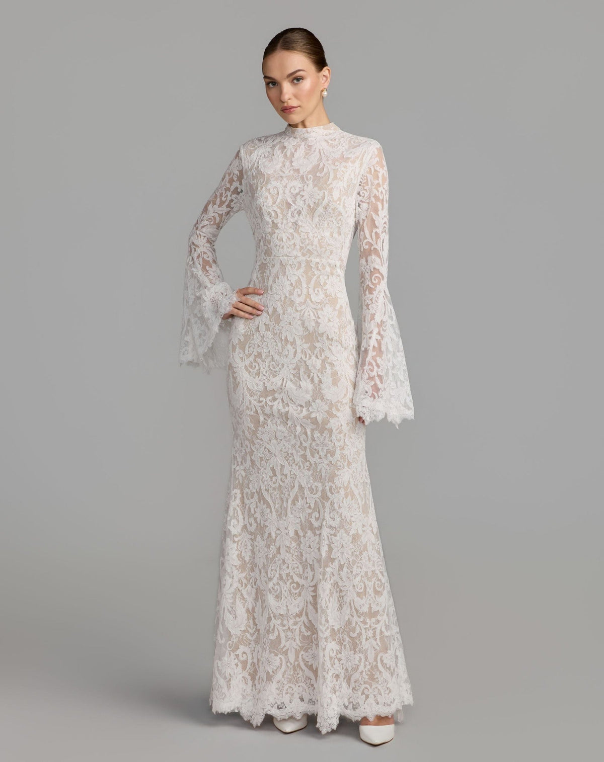 Petite Ivory Nude Mock Neck Long Sleeve Lace Gown