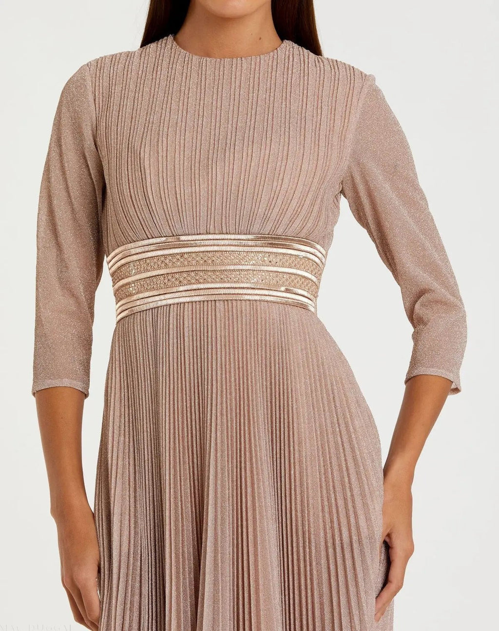 Rose Gold Shimmering 3/4 Sleeve A-Line Midi Dress