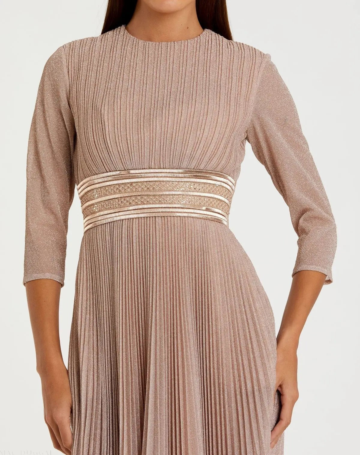 Rose Gold Shimmering 3/4 Sleeve A-Line Midi Dress