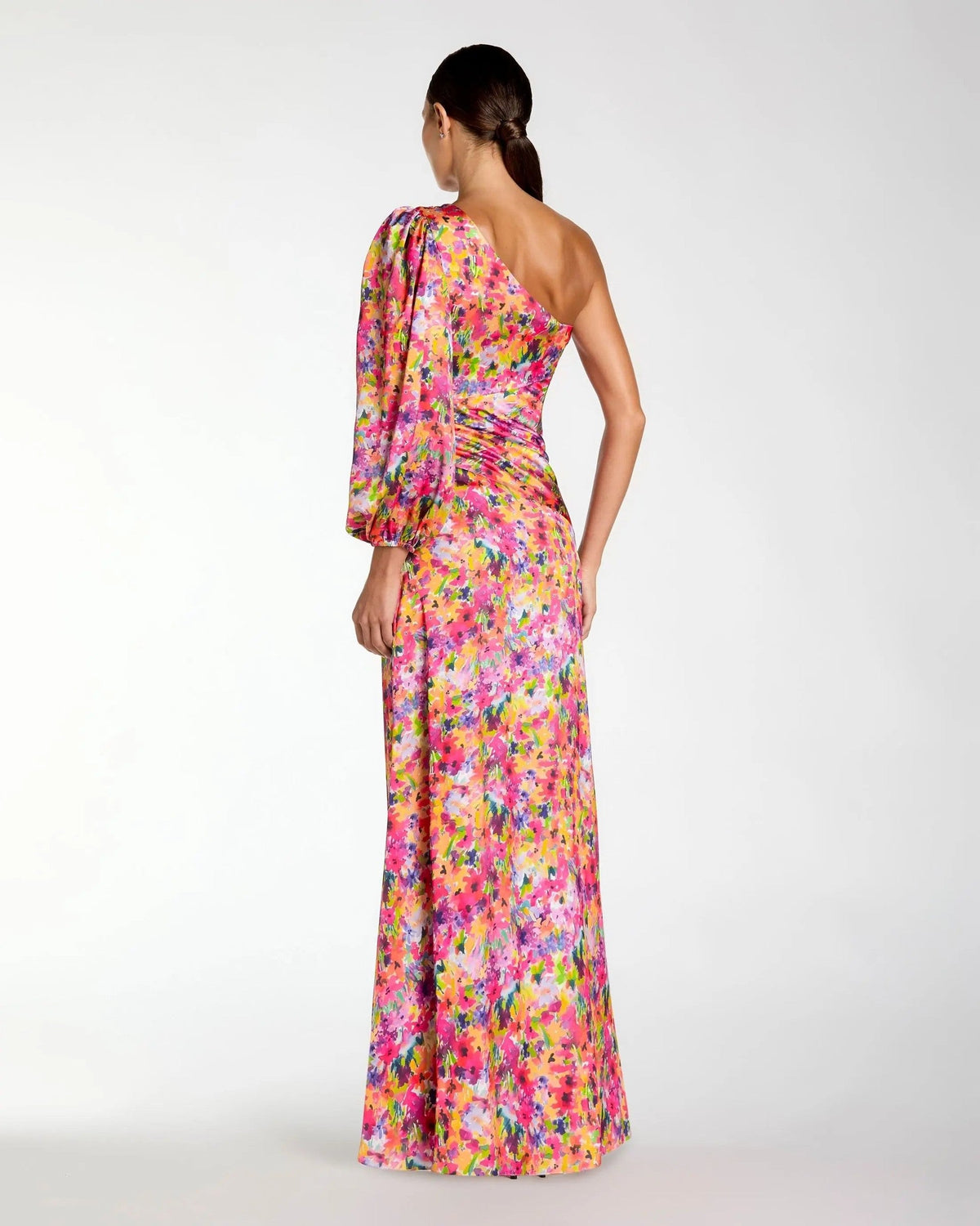 Multi Floral One Shoulder Charmeuse Gown With Slit