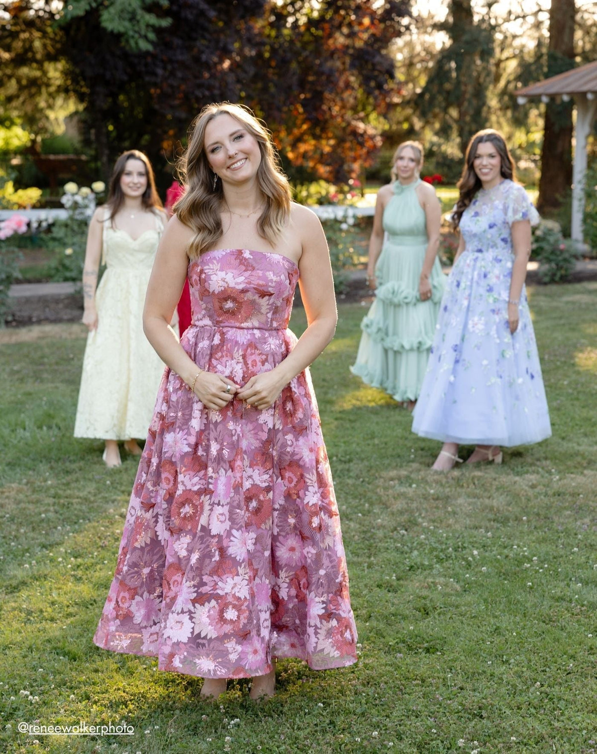 Pink Multi Floral Sequin Strapless Midi Dress