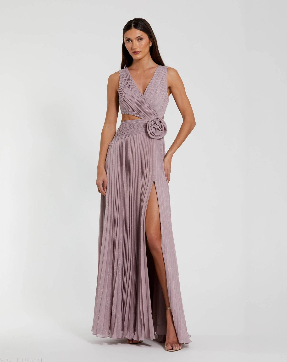 Purple Ruched Chiffon Sleeveless Gown With 3D Flower