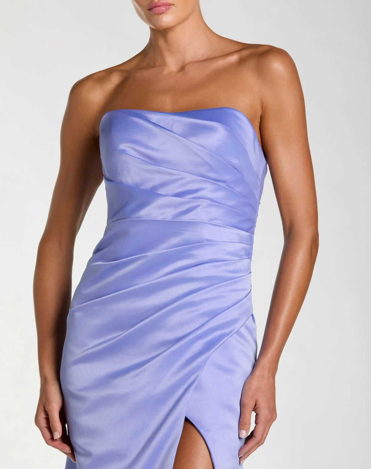 Periwinkle Strapless Satin Gown With Slit
