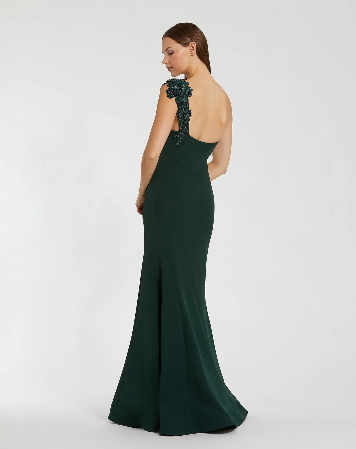 Dark Green One Shoulder Beaded Flower Mermaid Gown