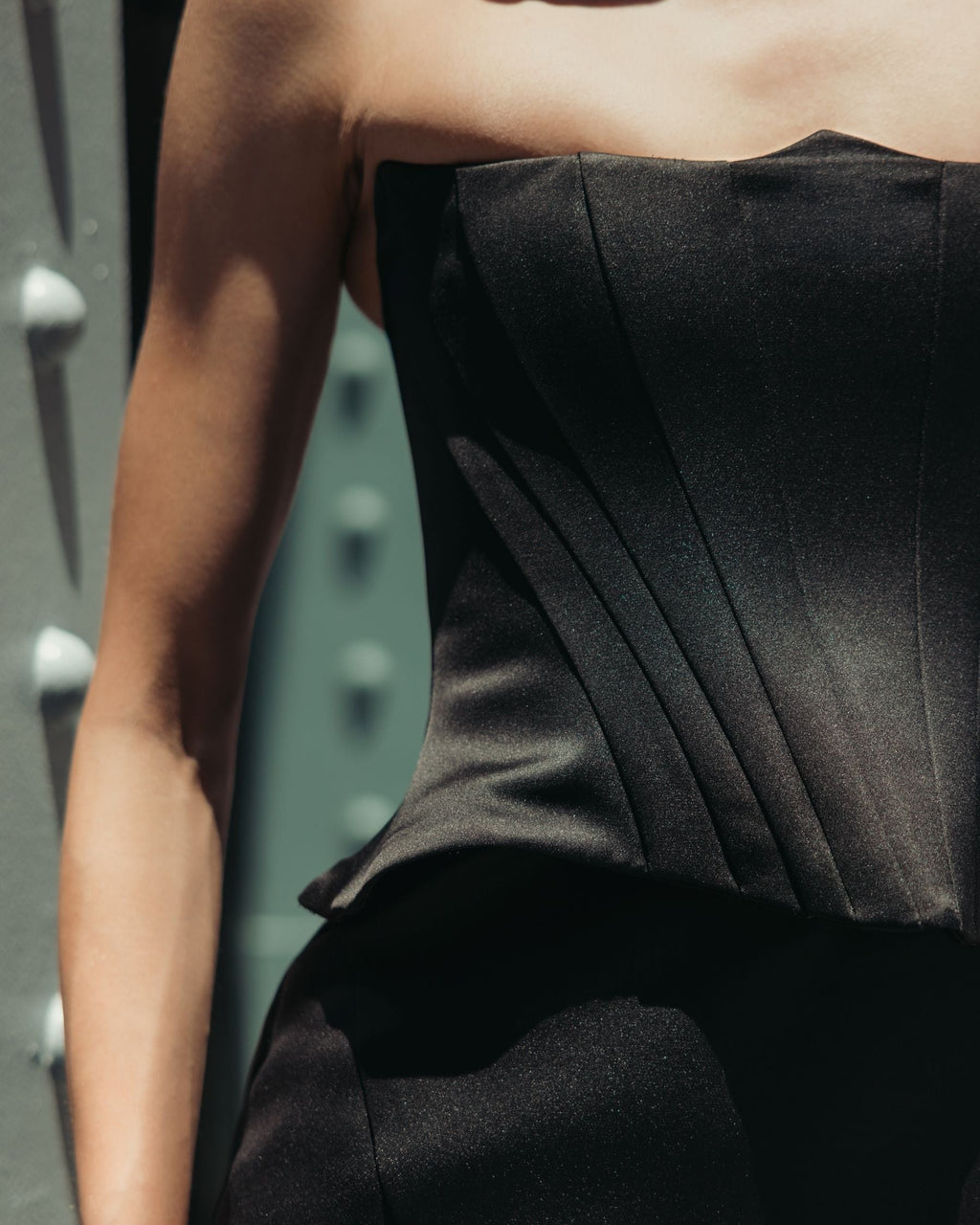 Black Strapless Satin Corset Peplum Gown