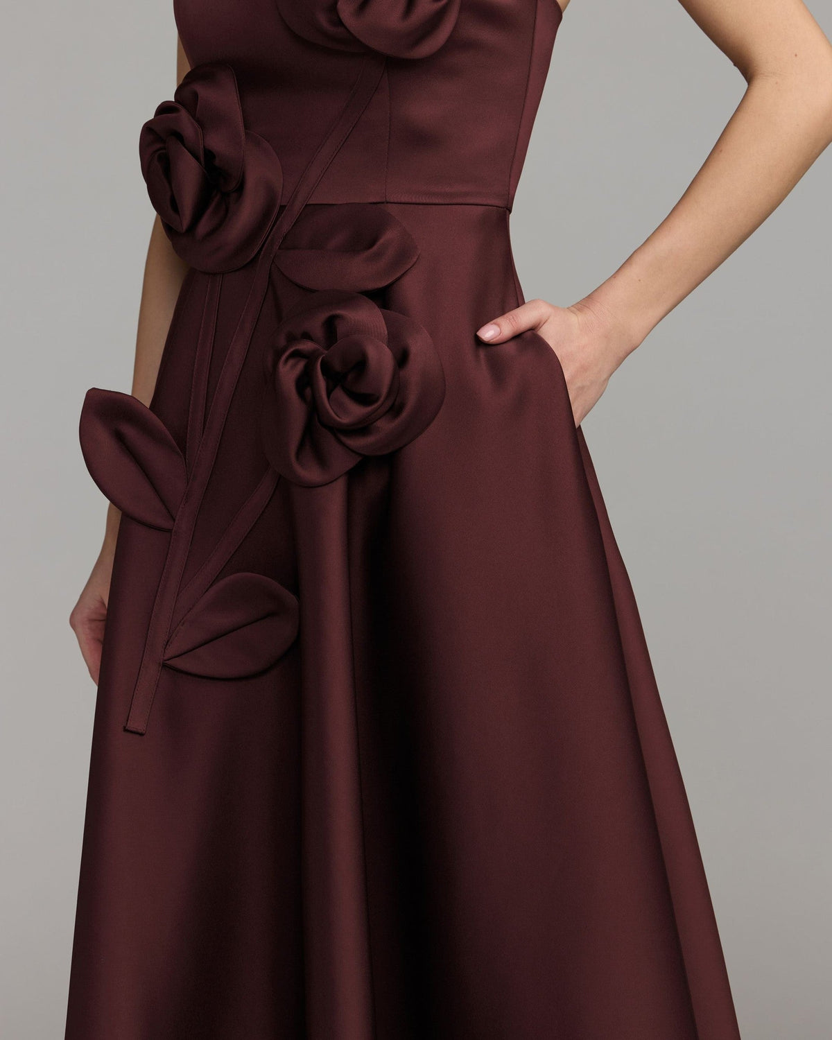 Burgundy Strapless Satin A-Line Dress With 3D Flowers