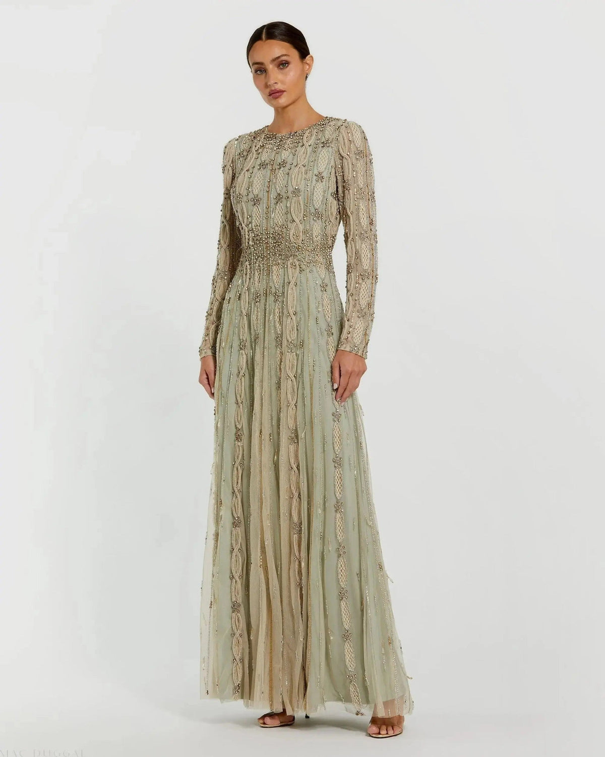 Nude Sage Embellished Long Sleeve A-Line Gown
