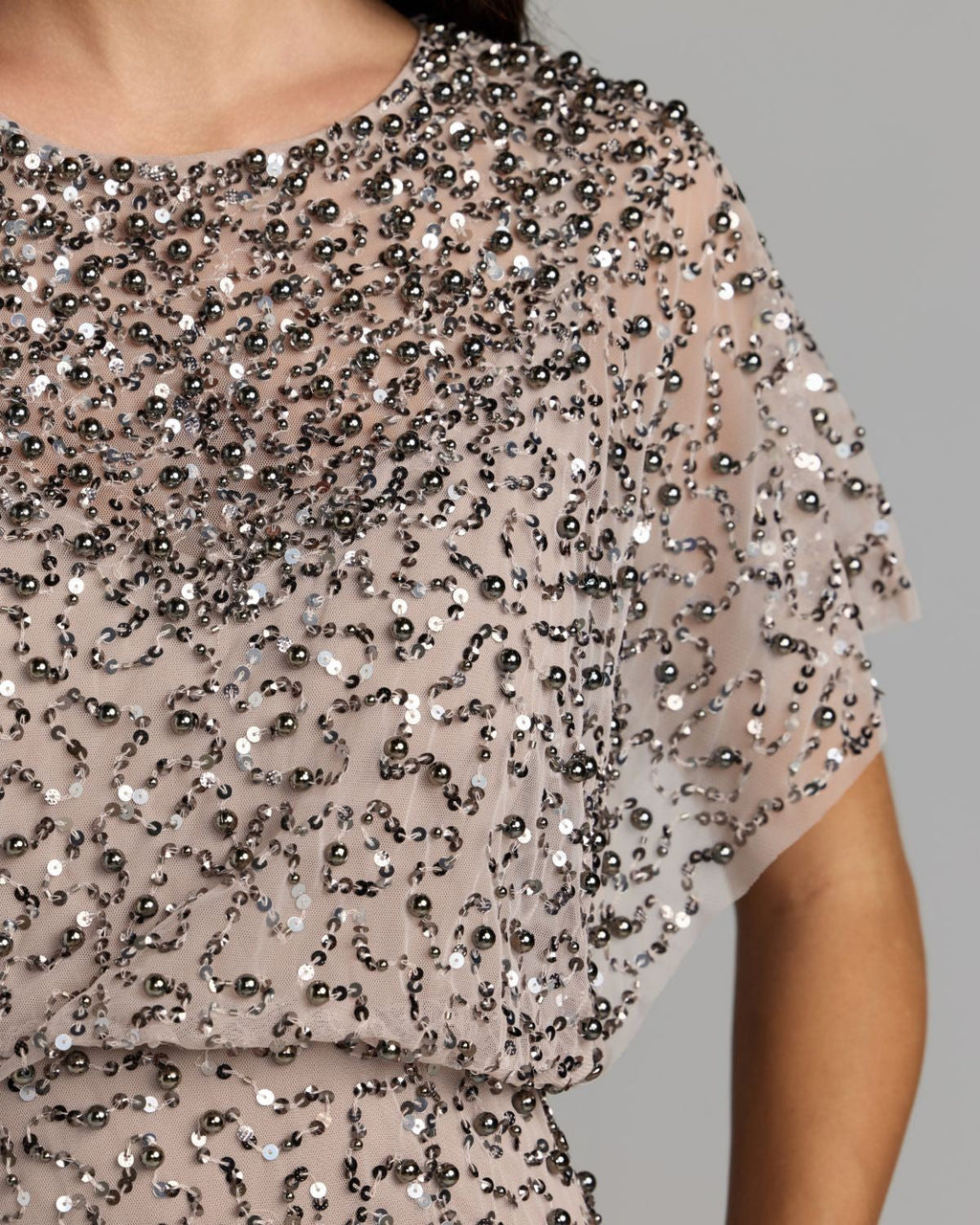 Lilac High Neck Short Sleeve Embellished Gown