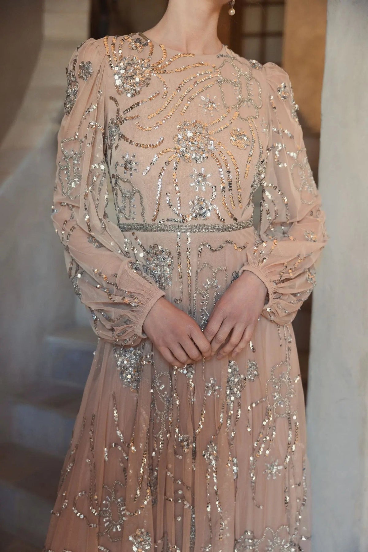 Beige Embellished High Neck Puff Sleeve Gown