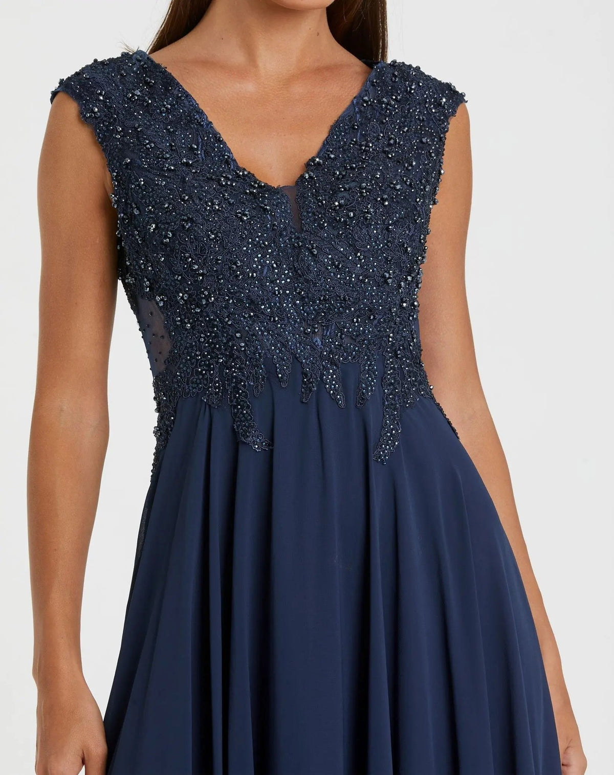 Navy Cap Sleeve Applique Bodice Flowy Gown