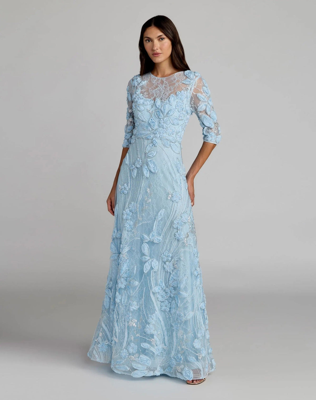 Periwinkle High Neck Embellished Lace Gown With 3/4 Sleeves