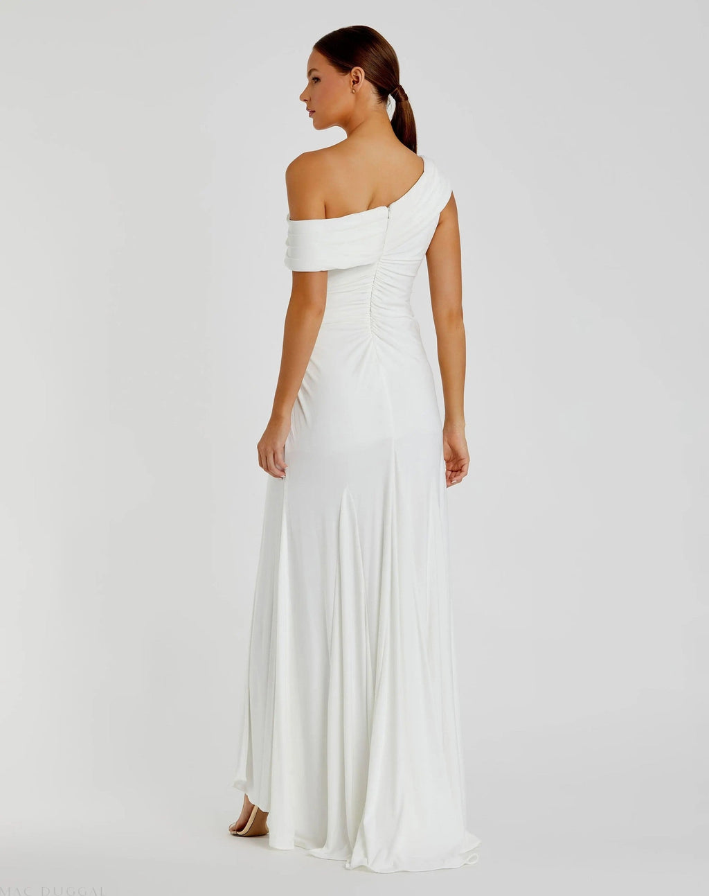 White Foldover Off-the-Shoulder Slit Gown