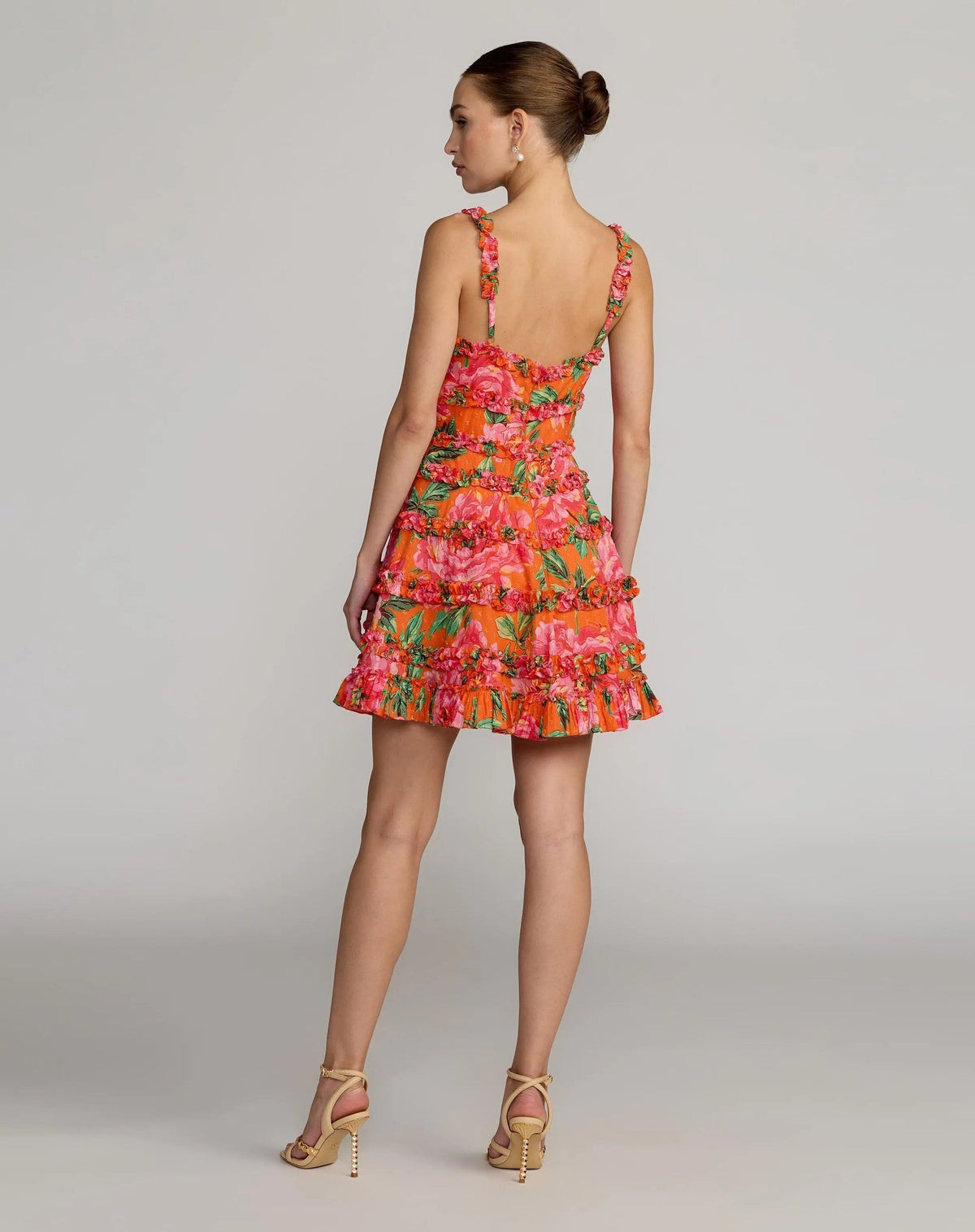 Orange Multi Floral Square Neck Ruffled Cotton Mini Dress