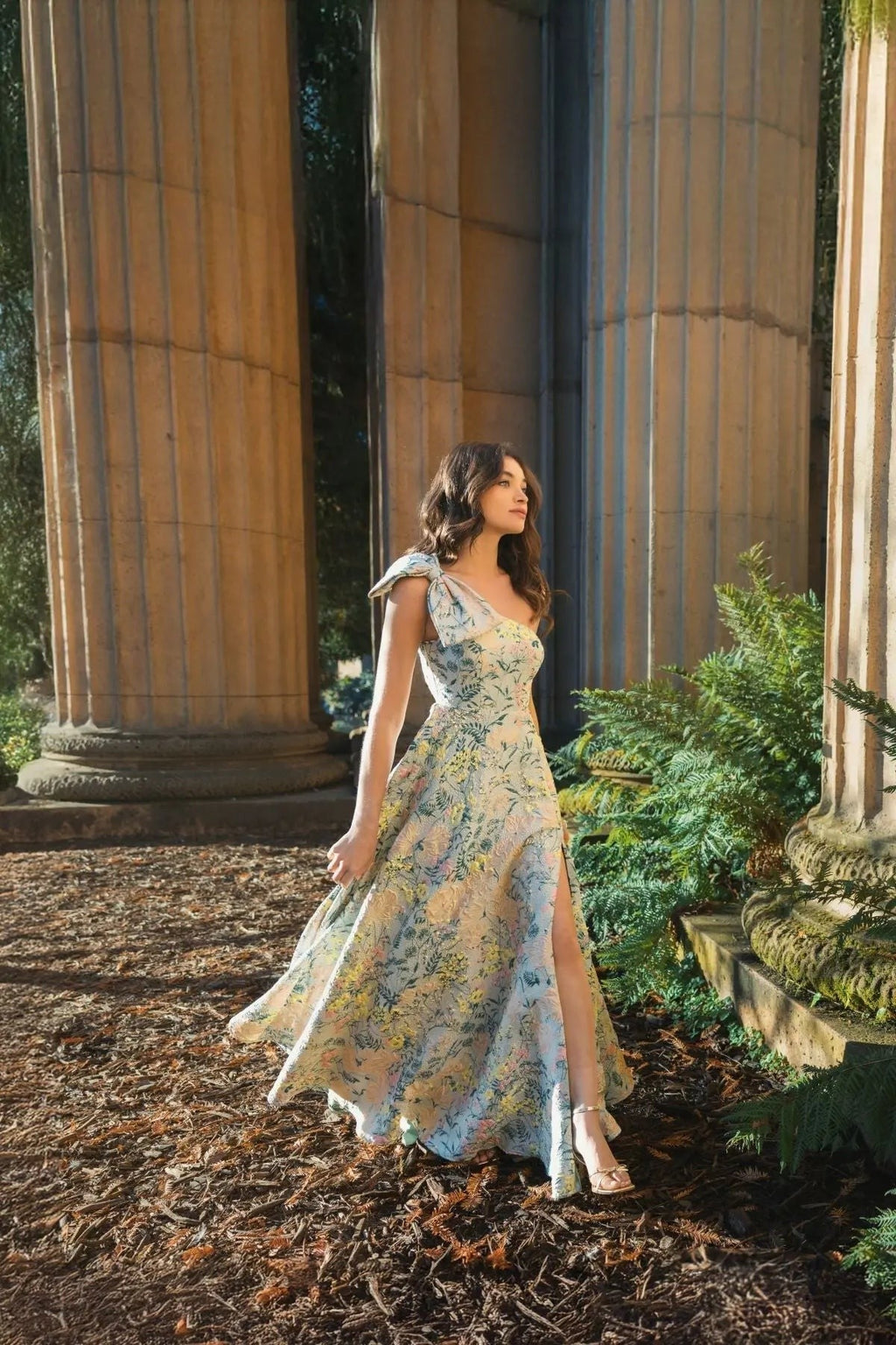 Multicolor One Shoulder Brocade Floral Gown With Bow