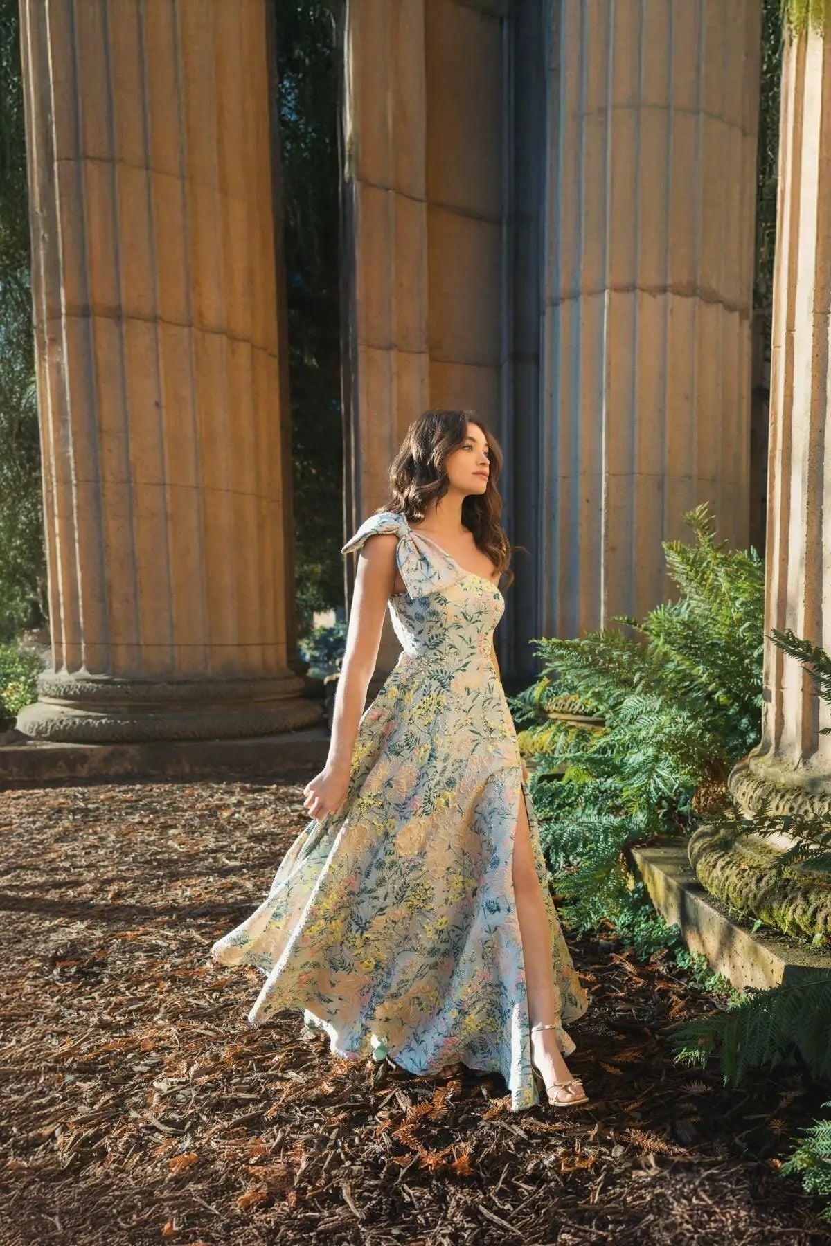 Multicolor One Shoulder Brocade Floral Gown With Bow