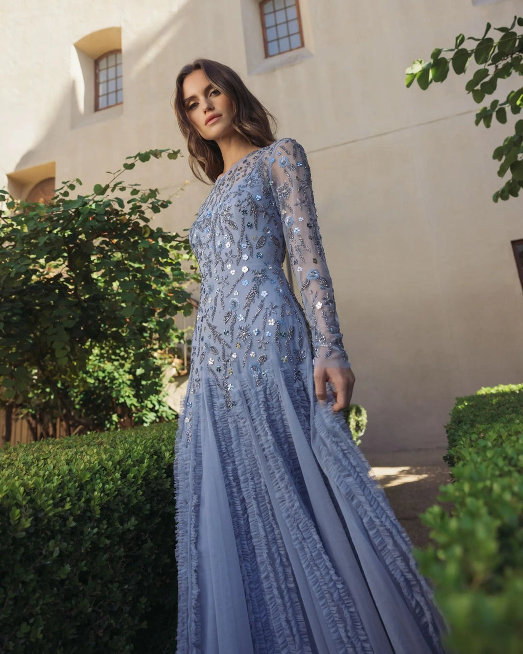 Slate Blue Embellished Long Sleeve Drop Waist Gown