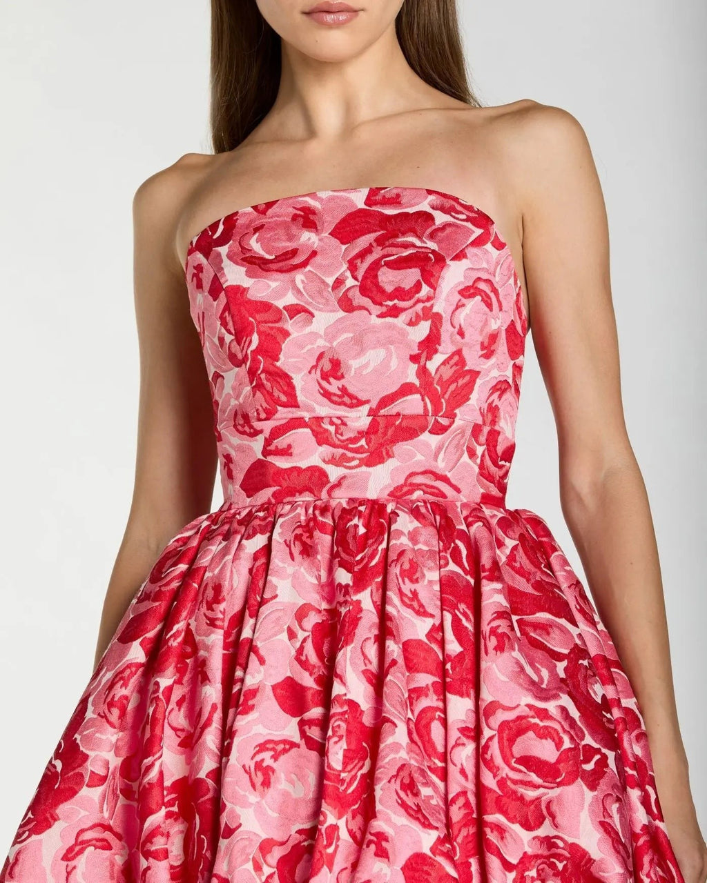 Pink Floral Brocade Strapless Bubble Hem Ball Gown