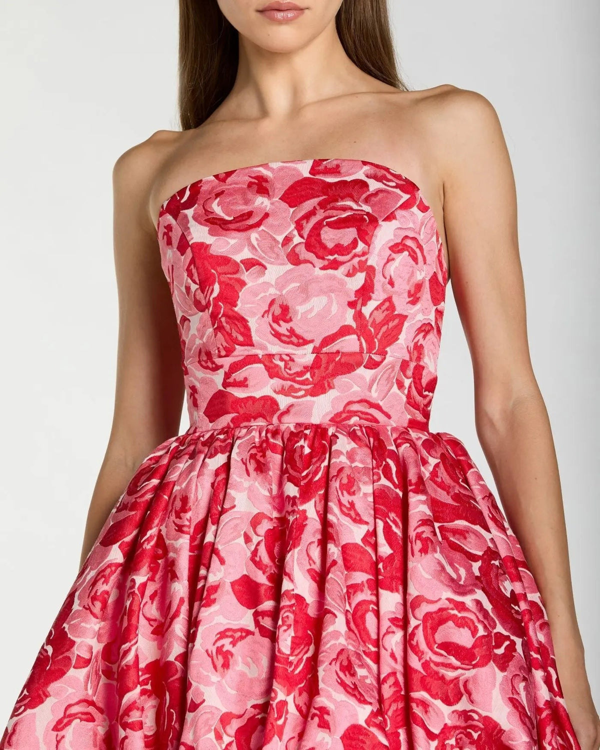 Pink Floral Brocade Strapless Bubble Hem Ball Gown