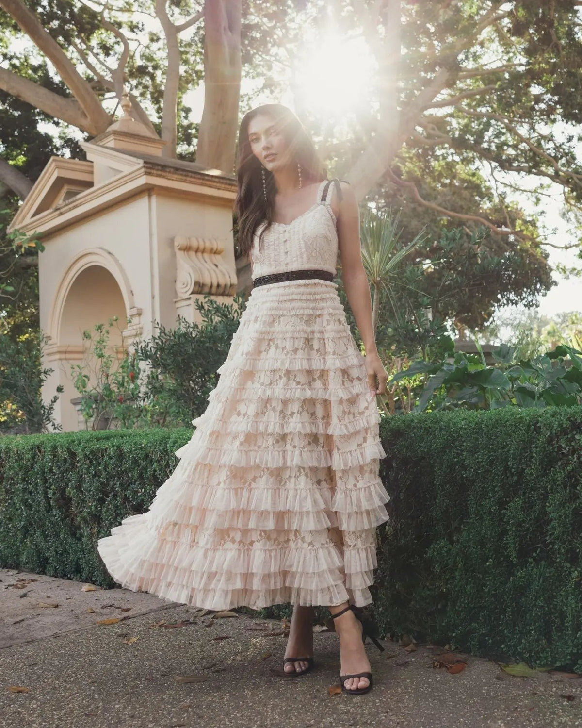 Porcelain Lace Tiered Midi Dress with Bow Straps