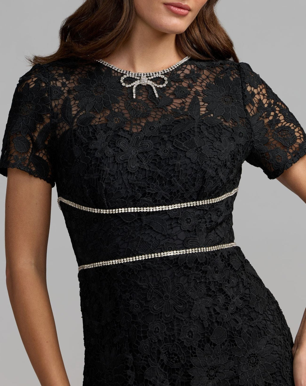 Black Short Sleeve Lace Midi Dress With Rhinestone Trim