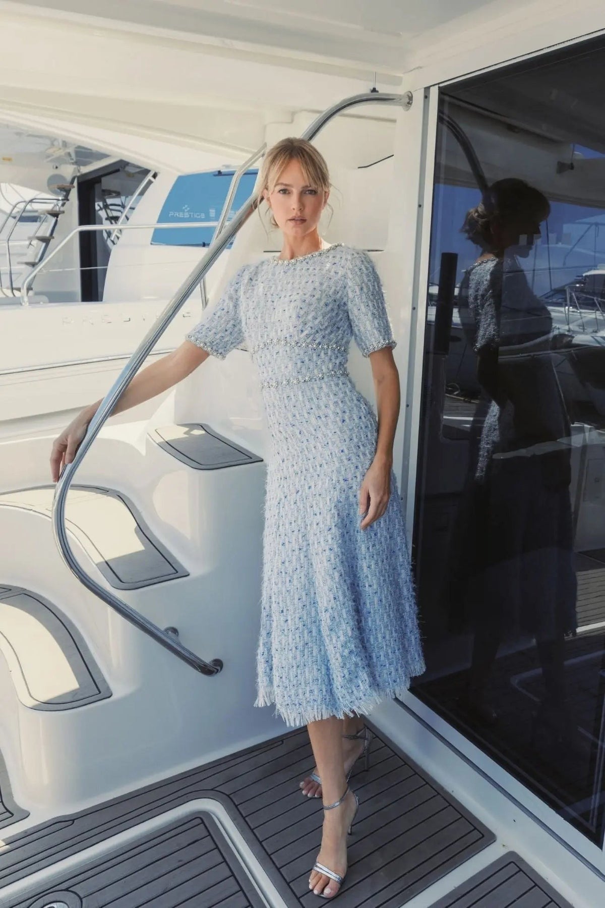 Blue Multi Short Sleeve Beaded Trim Boucle Midi Dress