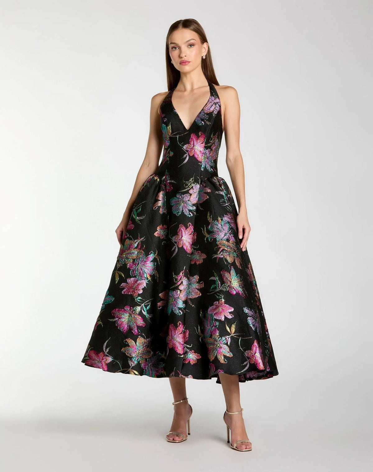 Black Brocade Halter Neck Open Back Midi Dress