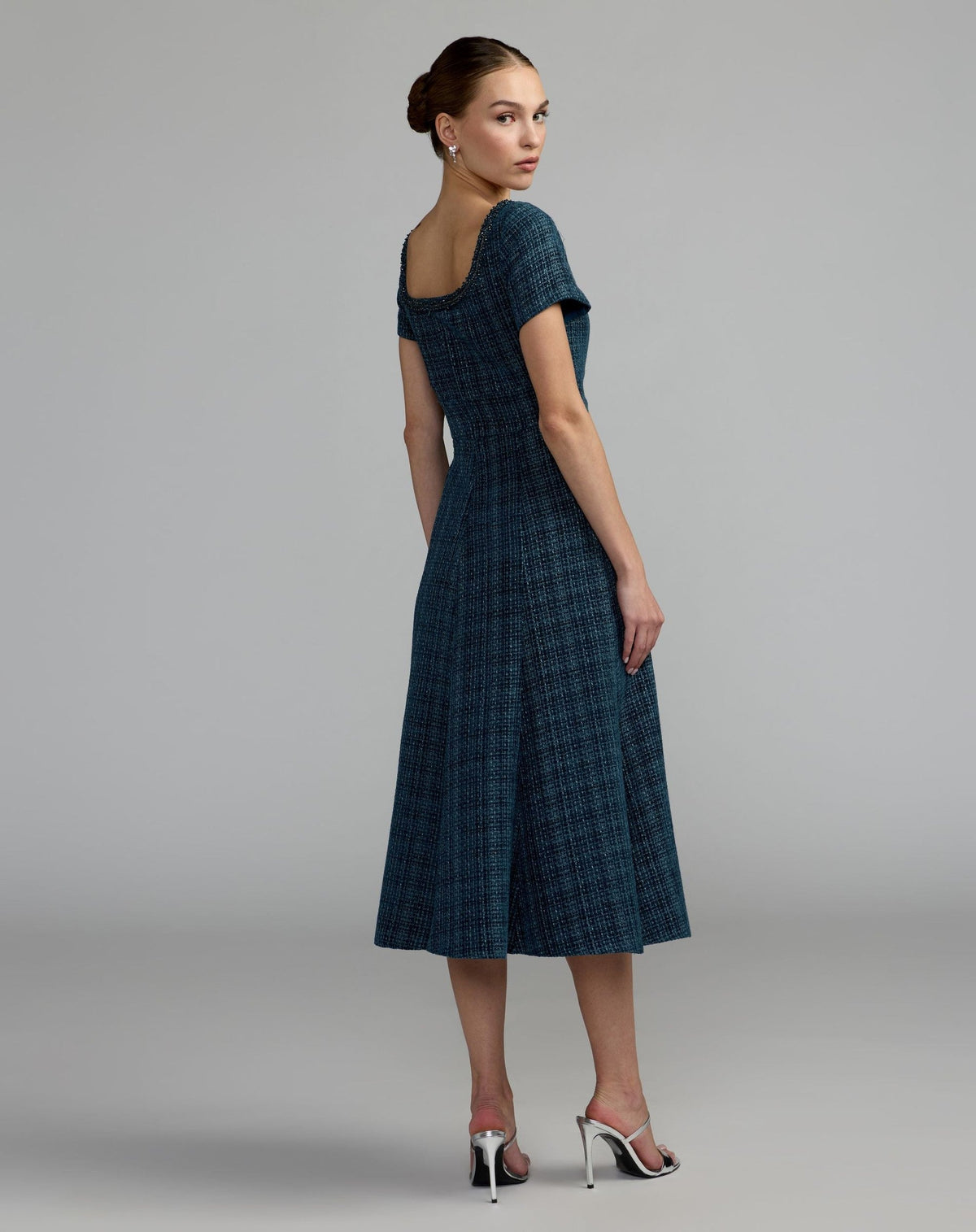 Petite Teal Short Sleeve Embellished Boucle Midi Dress