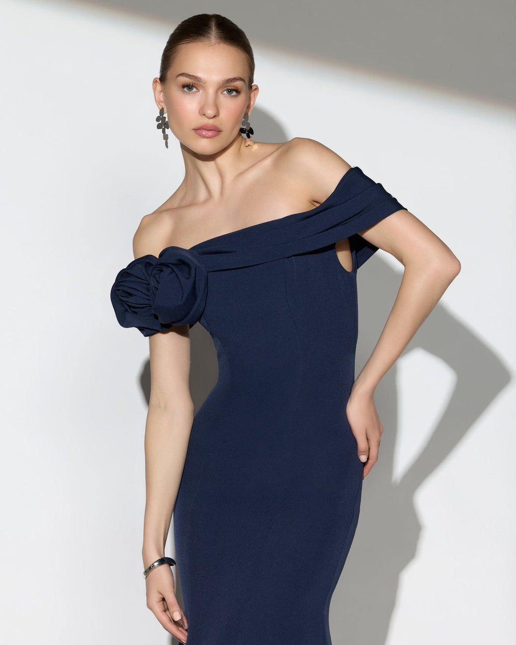 Navy Off The Shoulder Crepe Mermaid Gown