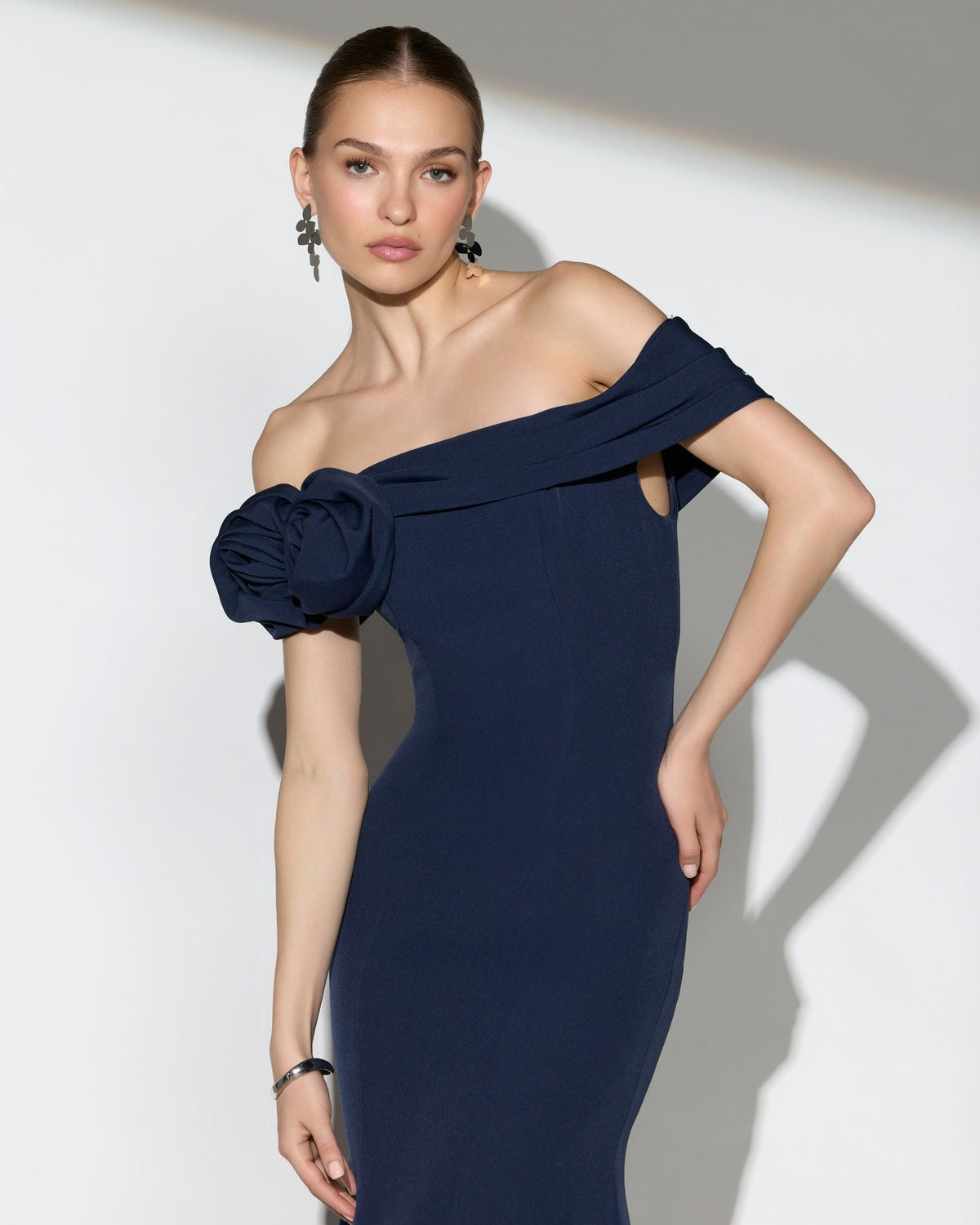 Navy Off The Shoulder Crepe Mermaid Gown