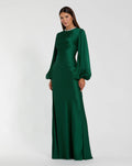 Emerald Beaded High Neck Bishop Sleeve Satin Gown