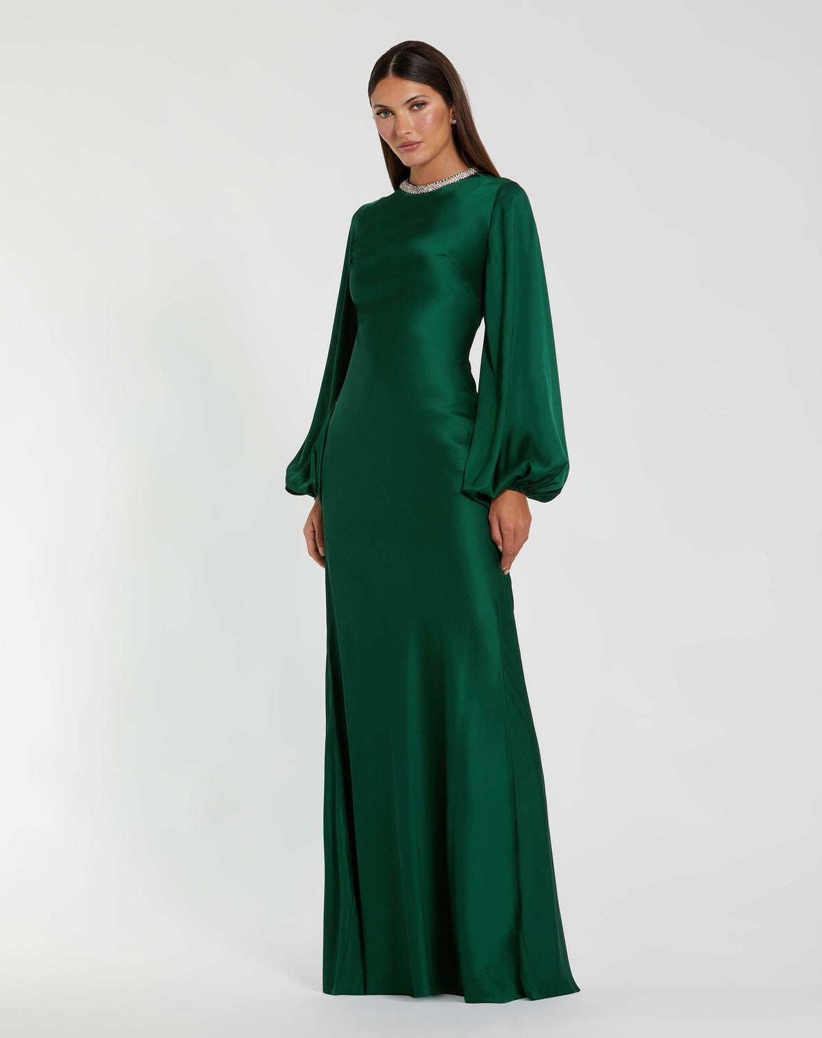 Emerald Beaded High Neck Bishop Sleeve Satin Gown