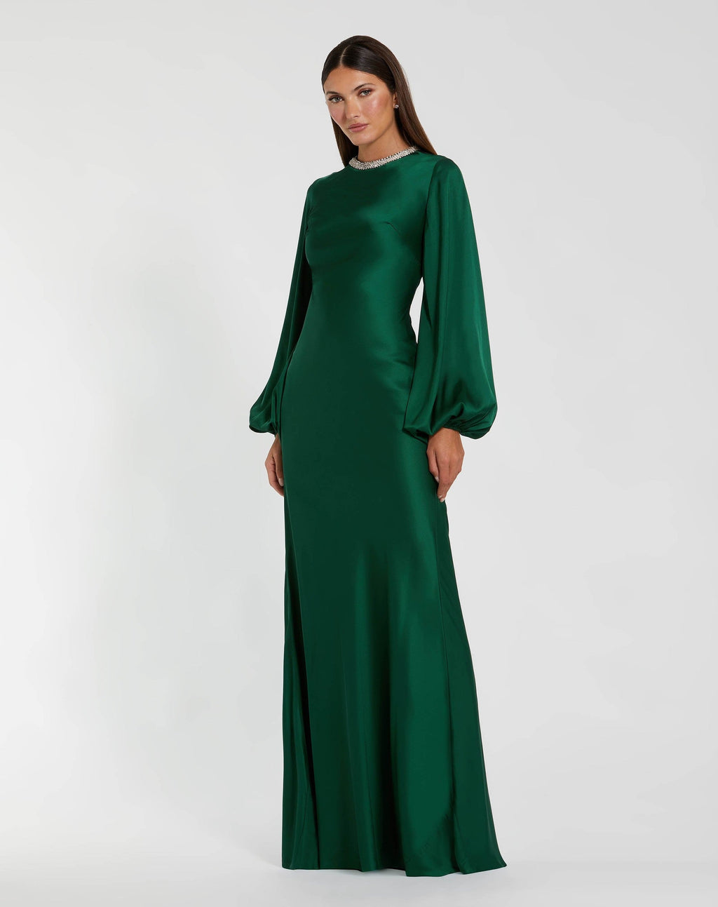 Beaded High Neck Bishop Sleeve Satin Gown