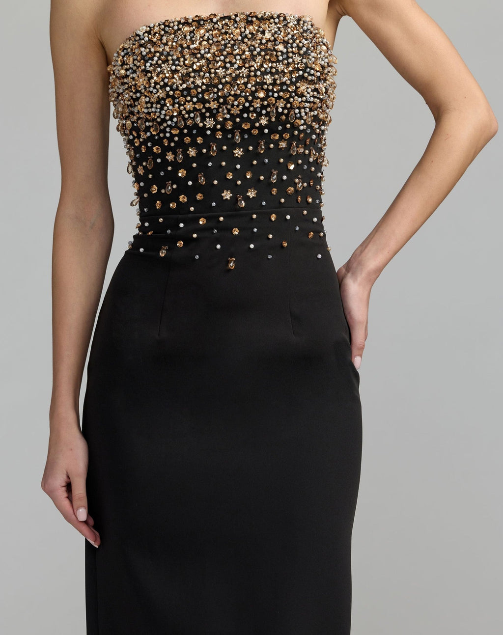 Black Beaded Strapless Crepe Midi Dress