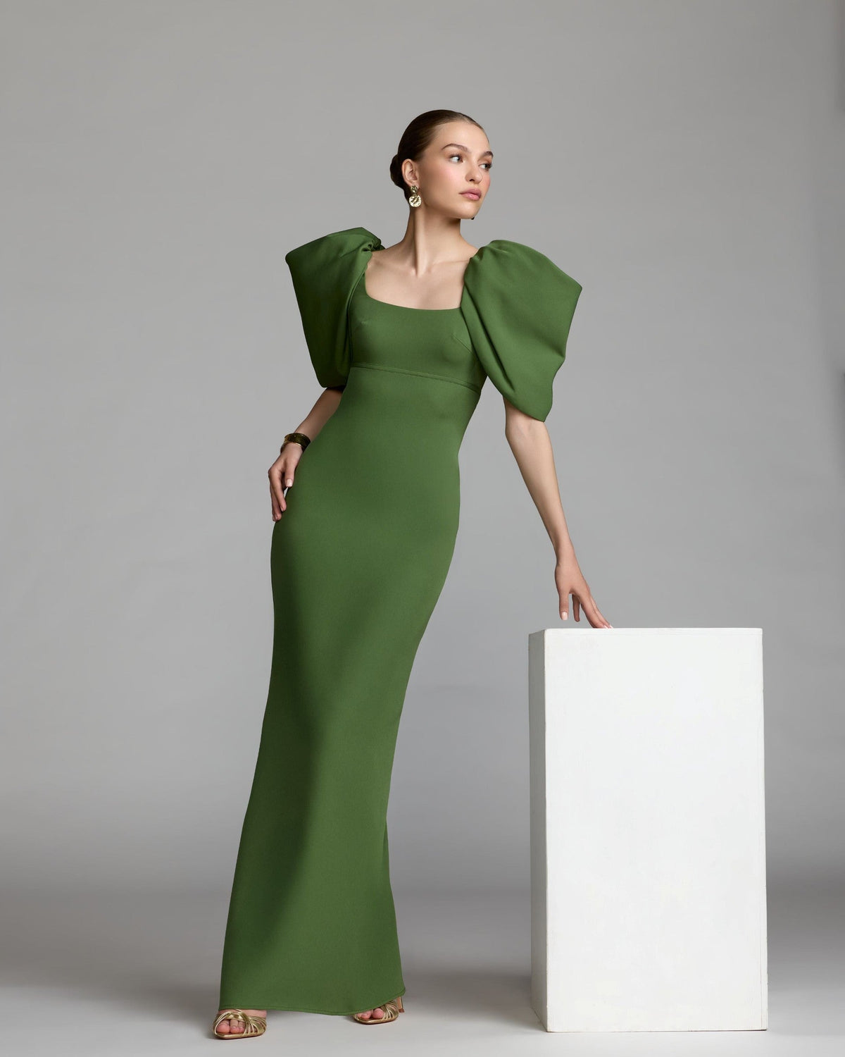 Moss Green Crepe Square Neck Gown With Puff Sleeves