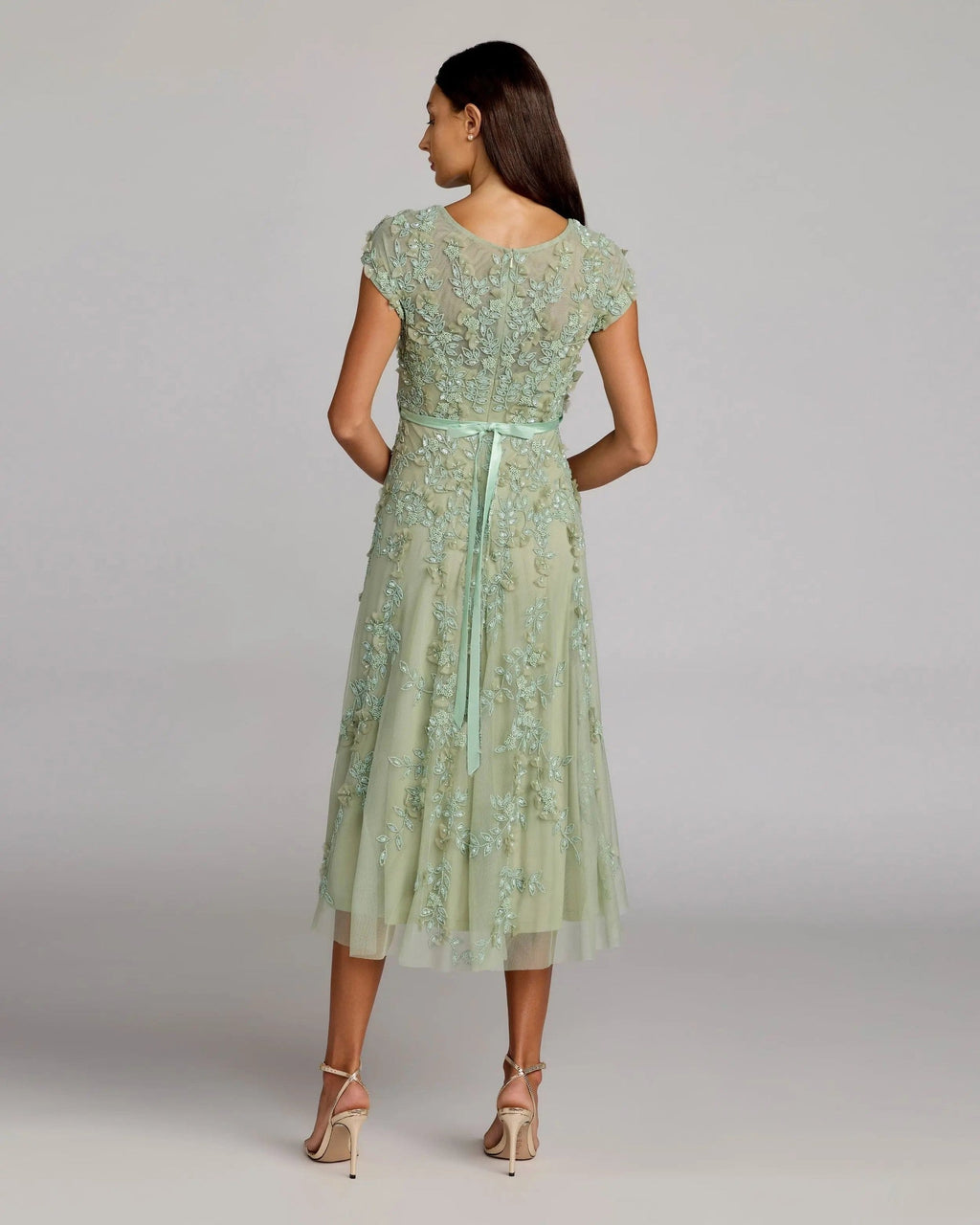 Sage Floral Embellished Cap Sleeve Midi Dress