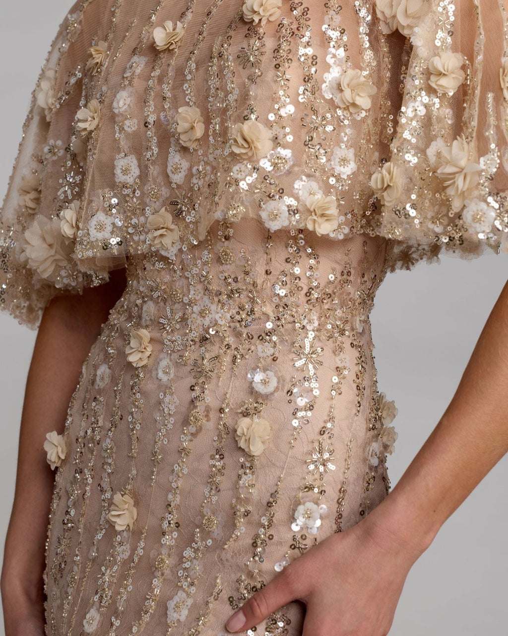 Almond Embellished Cape Sleeve Evening Gown