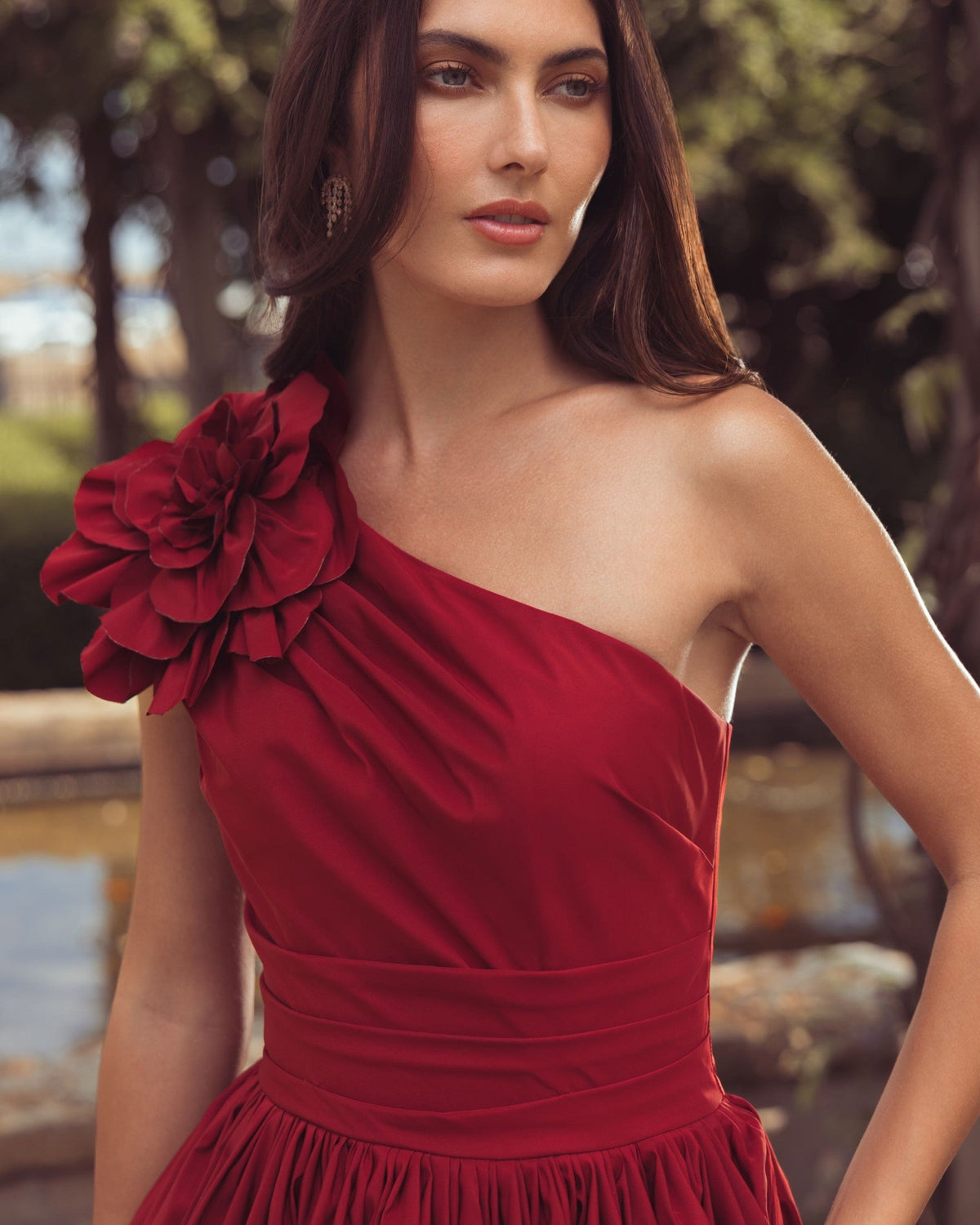 Ruby One Shoulder High Low Gown With 3D Flower