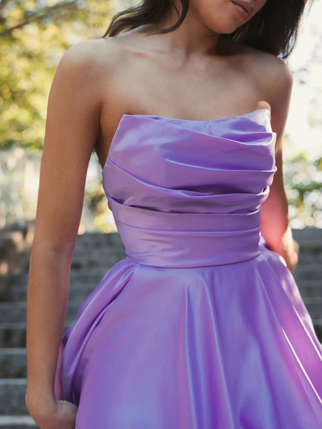 Purple Strapless Ruched High Low Gown