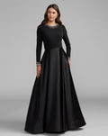 Petite Black Jersey and Satin Long Sleeve A-Line Gown