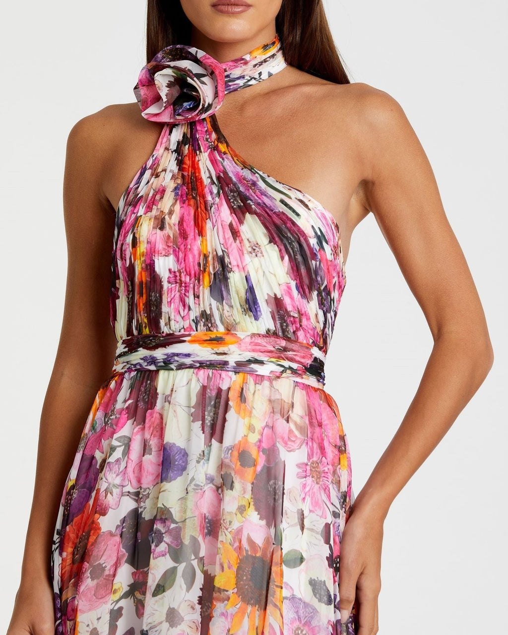 Multicolor Asymmetrical Ruffled Halter Floral Gown