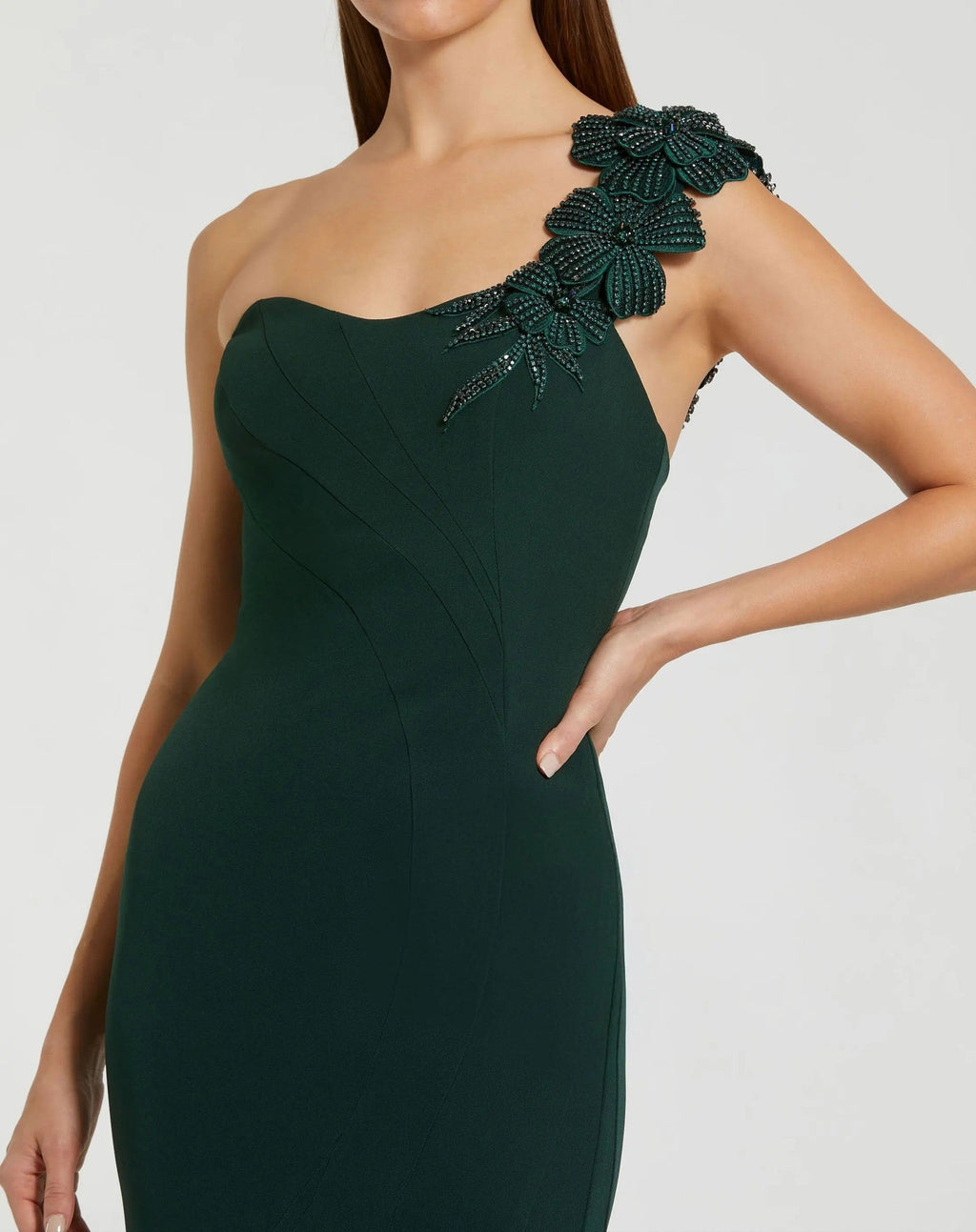 Dark Green One Shoulder Beaded Flower Mermaid Gown