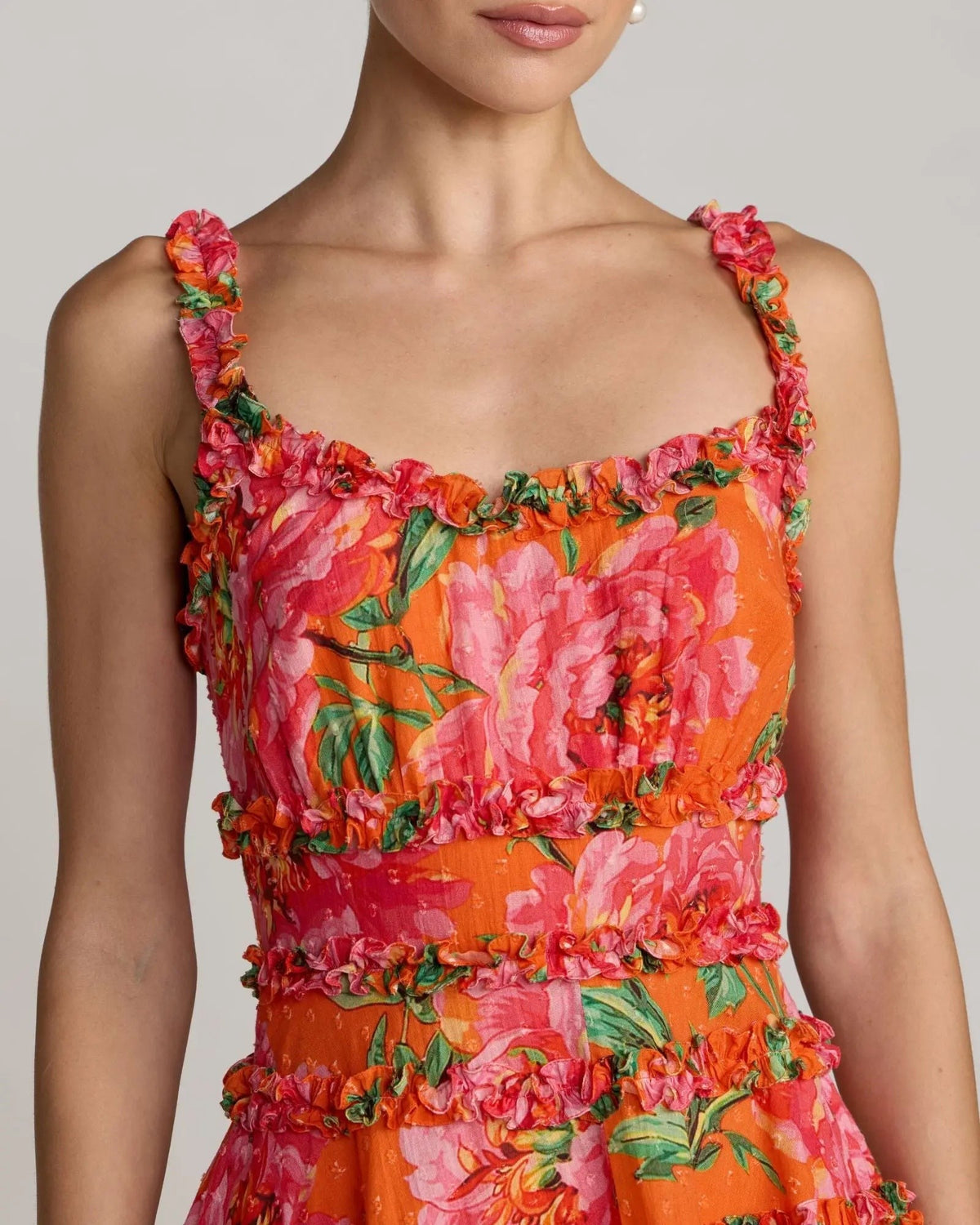 Orange Multi Floral Square Neck Ruffled Cotton Mini Dress